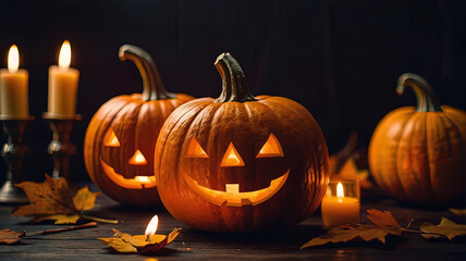 retro halloween pumpkins on table with lighting