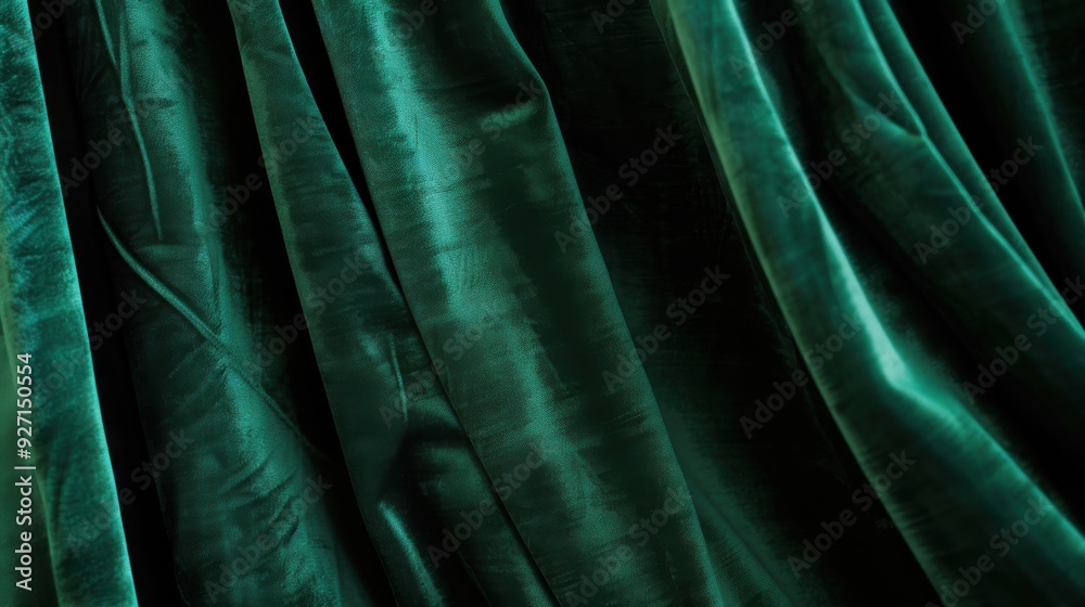 Poster a close-up shot of dark green velvet fabric, with multiple folds and drapes creating a textured and 