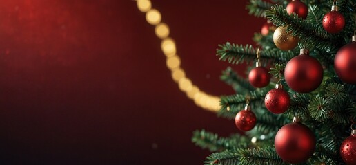 Christmas Tree With Ornament And Bokeh Lights In Red Background
