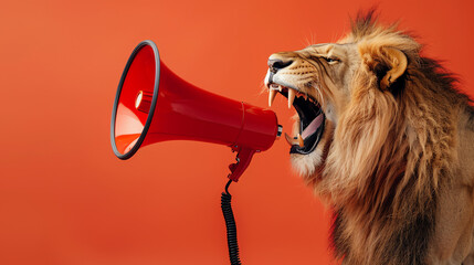 This image shows a lion with its mouth open, roaring into a red megaphone.

