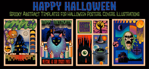Fototapeta premium Happy Halloween Party, Event Placards, Invitations. Vector Templates for Halloween Covers, Illustrations, Posters. Halloween Psychedelic Poster Set. October 31 Colorful Abstract Objects
