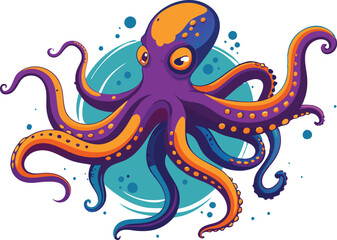 Fototapeta premium A vibrant octopus with colorful tentacles is swimming in a whimsical underwater setting.