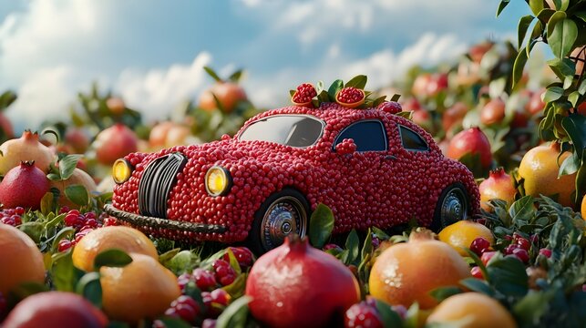 Vibrant 3D Rendered Mango Toy Car with Pomegranate Seed Headlights and Lush Textures