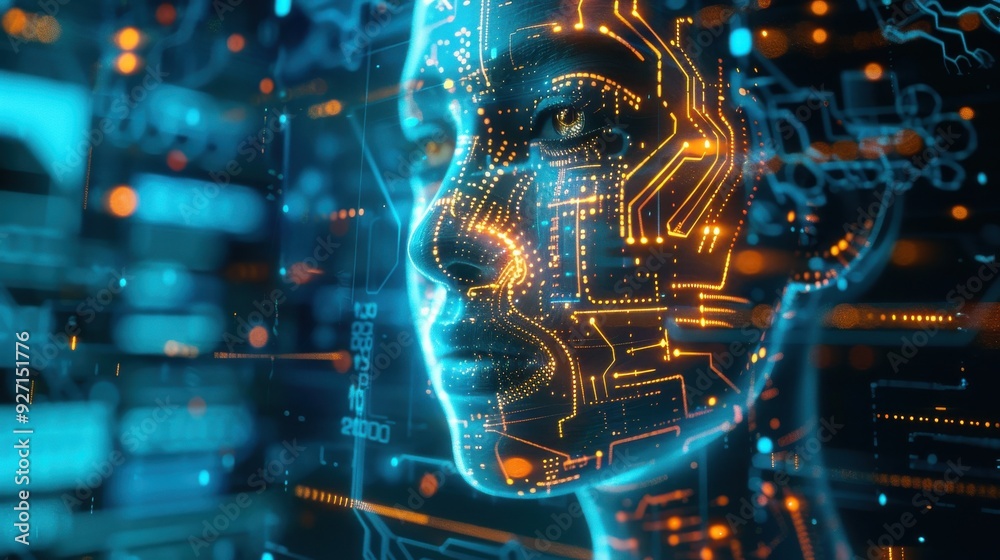 Leinwandbilder A 3D rendered image of a human face, with circuitry patterns overlaid, glowing in vibrant blue and orange hues, against a backdrop of digital data and abstract shapes.