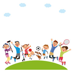 三世代家族がそれぞれ好きなスポーツ用品を持ってジャンプする