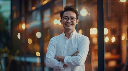 Fototapeta premium Portrait of happy businessman with arms crossed and smiling standing by nigh