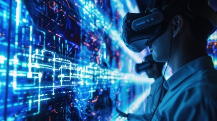 A man is wearing a virtual reality headset, his face illuminated by the blue glow of the digital interface surrounding him. The screen is filled with lines of code and digital patterns. He appears to 