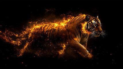 burning big tiger looking on background