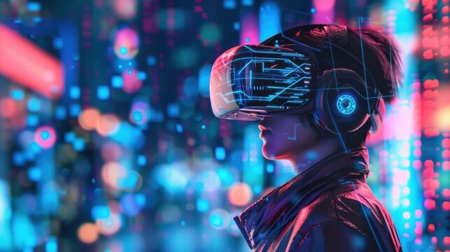 A person wearing a virtual reality headset stands in front of a blurry, futuristic cityscape with bright neon lights. They appear to be immersed in a virtual world, with the headset displaying a digit - Powered by Adobe