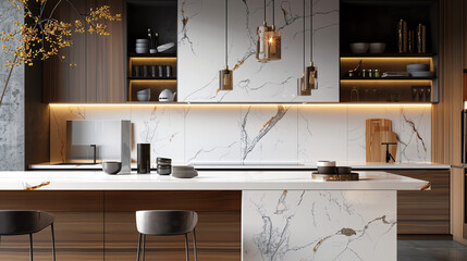 a kitchen with a large island, white marble floors, and wooden cabinets. There are also some chairs and artwork.