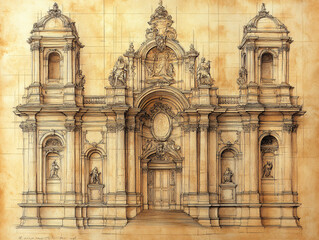 Fototapeta premium detailed sketch of a grandiose cathedral entrance, featuring a large archway and intricate carvings.