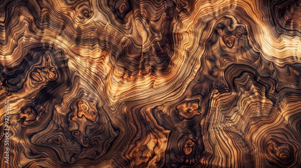 Leinwandbilder The image shows a close-up view of wood grain with dark brown and black wavy lines running in different directions, creating a complex and intricate pattern. The wood is textured and has a natural she