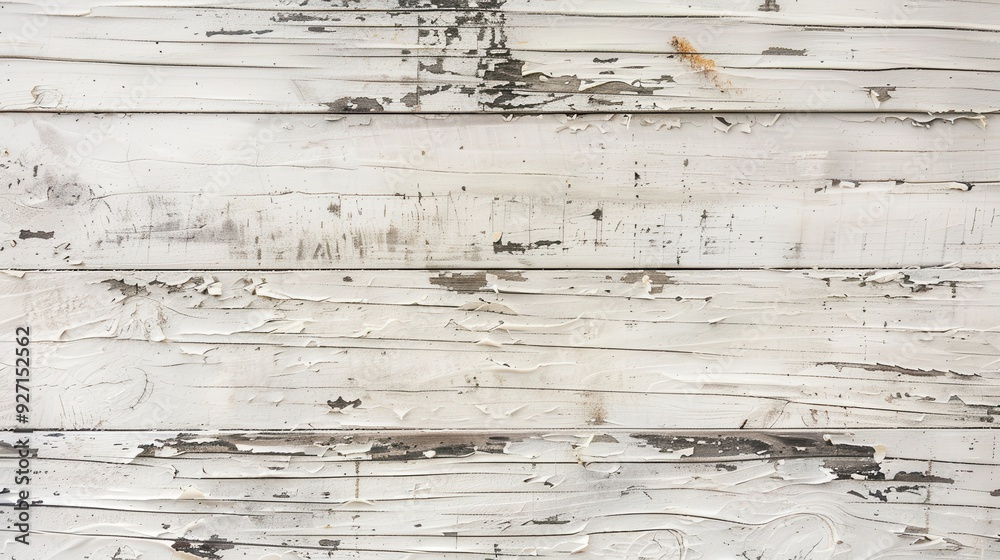 Poster a close-up view of weathered white wooden planks with peeling paint. the planks run horizontally acr
