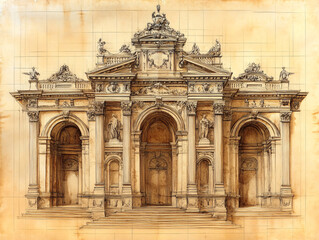 Fototapeta premium detailed sketch of a grandiose cathedral entrance, featuring a large archway and intricate carvings.