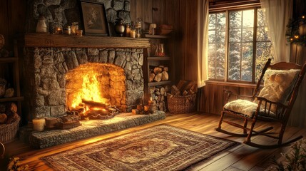 Cozy Fireplace Escape: Relax by the Crackling Fire in a Rocking Chair