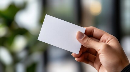 business card held by a hand with a blurred office background 