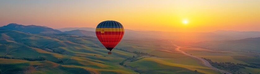 Obraz premium A hot air balloon flies over rolling hills at sunrise.