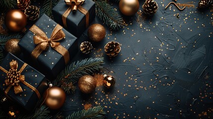A stylish dark Christmas background includes black and gold xmas decorations, baubles, gift boxes, and confetti, presented in a top view flat lay.