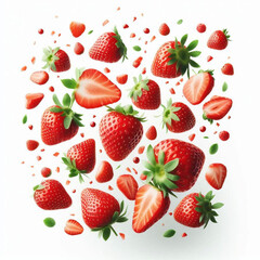 fresh strawberry pieces falling from above or floating in the air.