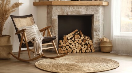 Cozy Fireplace Retreat: Firewood, Rug, and Rocking Chair