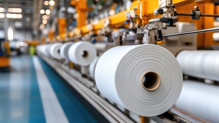 Fototapeta premium Textile factory with rows of machines and fabric rolls