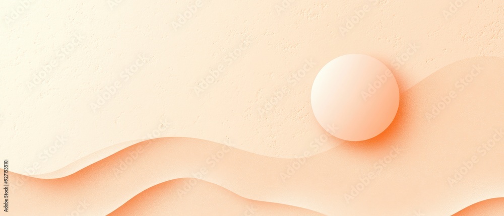 Poster minimalist abstract background with soft peach tones, featuring a sphere and flowing curves, perfect