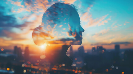 a silhouette of a woman with a bun, facing to the right, in front of a window with a sunset-like glow.
