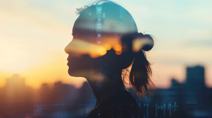 a silhouette of a woman with a bun, facing to the right, in front of a window with a sunset-like glow.