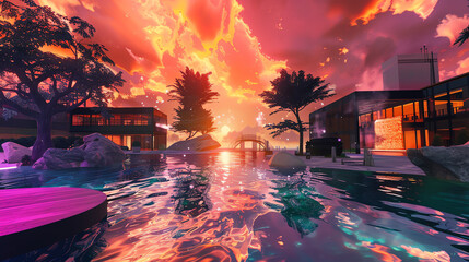 Sunset over a body of water. Modern house by the pool. Trees and a calm, colorful sky.

