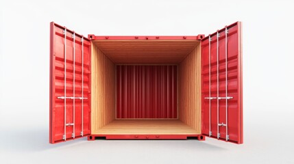 Open red cargo container with wooden interior on white background.