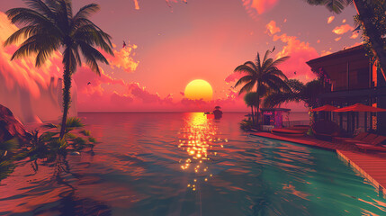 Sunset over a body of water. Modern house by the pool. Trees and a calm, colorful sky.

