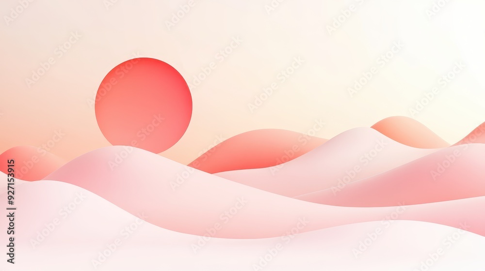 Aufkleber abstract minimalistic landscape with flowing pink and red hills and a red sun on a light background,