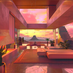 a picture of a modern house with a pool and trees, with a pink and purple glow.