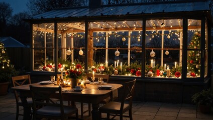 Fototapeta premium Decorated greenhouse in trendy christmas setting with dinner table, candles and christmas lights