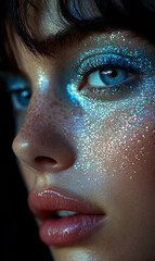 Fototapeta premium Close-up of a beautiful woman's face with smoky blue eyeshadow, dreamy and stunning gradient colors, perfect makeup