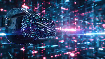 a VR headset with a digital display, set against a background of pink and blue light streaks.