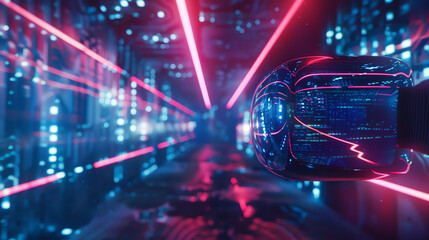 a VR headset with a digital display, set against a background of pink and blue light streaks.