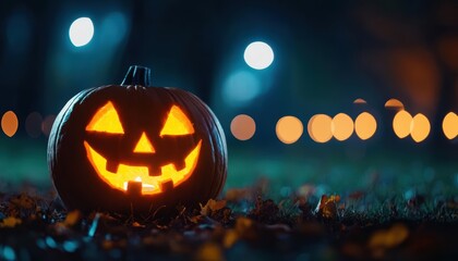 Obraz premium Spooky Jack-o'-lantern glowing in the dark with city lights in the background