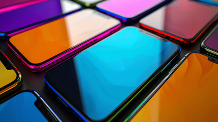 a bunch of smartphones in different colors, all with black screens.