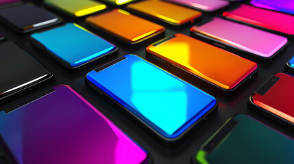 a bunch of smartphones in different colors, all with black screens.