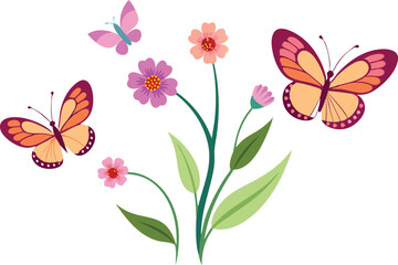 Obraz premium Butterflies flutter around a variety of colorful flowers amidst lush green leaves.