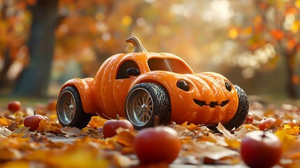 Charming 3D Rendered Pumpkin Toy Car with Apple Wheels in Autumn Setting