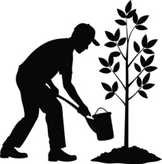 Man plant tree silhouetteillustration black and white