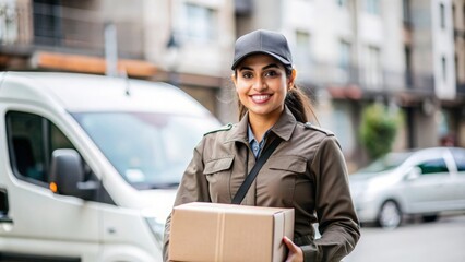 An Indian female delivery worker in a uniform, holding a delivery package, and standing confidently.
