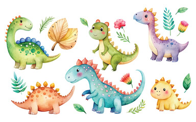 funny cute watercolor dinosaur set on white background vector illustration