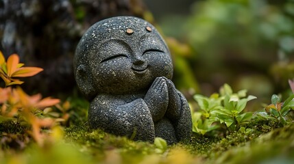 Obraz premium Stone Buddha statue with a closed eye, smiling, in a forest setting.