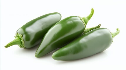 Three green jalapeno peppers isolated on white background.