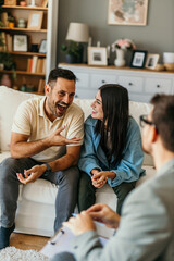 Caucasian male psychotherapist advising couple after consult about mental health and relationship....