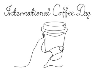 International Coffee Day. hand with a cup of coffee,continuous one line art hand drawing sketch, logo