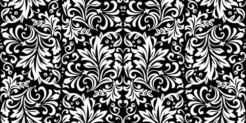 Floral pattern. Vintage wallpaper in the Baroque style. Seamless vector background. White and black ornament for fabric, wallpaper, packaging. Ornate Damask flower ornament.